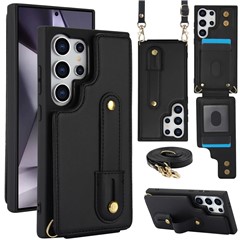 For Samsung Galaxy S25 Ultra Case Kickstand Card Slots Leather Coated TPU Cover with Shoulder Strap - Black