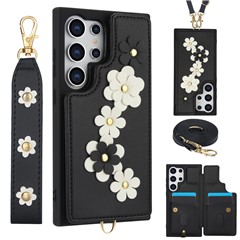 SY-001 For Samsung Galaxy S25 Ultra Case Card Slots Leather Coated TPU Flower Phone Cover - Black