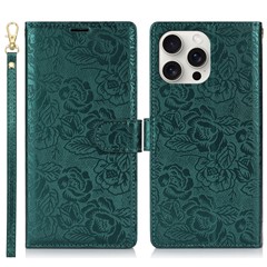 For iPhone 16 Pro Max Case with Hand Strap Flower Imprint Leather Wallet Phone Cover - Green