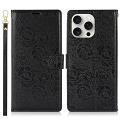 For iPhone 16 Pro Case with Hand Strap Flower Imprint Leather Wallet Phone Cover - Black