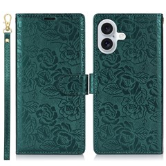 For iPhone 16 Plus Case with Hand Strap Flower Imprint Leather Wallet Phone Cover - Green