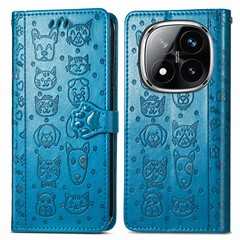 For Xiaomi Redmi Note 14 Pro 5G / Poco X7 5G Case Leather Wallet Flip Phone Cover Cute Cat Dog Pattern - Blue
