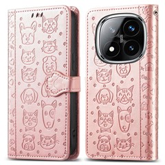 For Xiaomi Redmi Note 14 Pro+ 5G Case Leather Wallet Flip Phone Cover Cute Cat Dog Pattern - Rose Gold