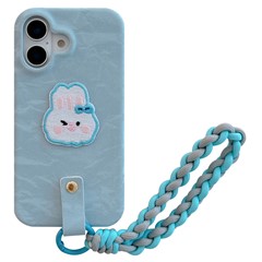For iPhone 16 Case Cute Pattern Soft PU+PC Phone Back Cover with Braided Handy Strap - Sky Blue Rabbit