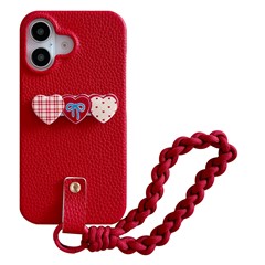 For iPhone 16 Case Christmas Design PU+PC Phone Back Cover with Heart Kickstand, Strap