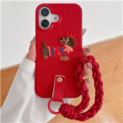 For iPhone 16 Plus Case Christmas Design Cute Dog Pattern PU+PC Phone Back Cover with Braided Handy Strap