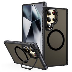 For Samsung Galaxy S25 Ultra Case with Lens Kickstand Matte Back Cover Magnetic Case - Black