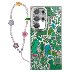 For Samsung Galaxy S24 Ultra Case IMD Cartoon PC+TPU Back Cover with Glass Lens Film, Beaded Strap - MK1
