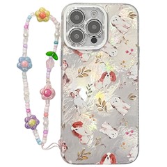 For iPhone 16 Pro Case IMD Cartoon PC+TPU Back Cover with Glass Lens Film, Beaded Strap - MK3