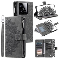 Style 006 For Xiaomi 15 Wallet Case PU Leather Phone Cover Mandala Flower Pattern - Grey
