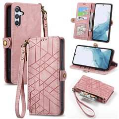 For Samsung Galaxy A56 5G Case Zipper Wallet Geometry Lines Leather Phone Cover - Pink