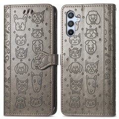 For Samsung Galaxy A36 5G Case Leather Wallet Flip Phone Cover Cute Cat Dog Pattern - Grey