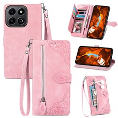 For Honor 200 Smart 5G / X7c 4G Zipper Wallet Case with Strap Flower Imprint PU Leather Phone Cover - Pink