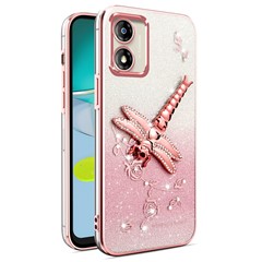 KADEM For Motorola Moto E13 4G Case Dragonfly Kickstand TPU Flowers Glitter Phone Cover - Pink