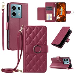 For Xiaomi Poco X6 5G / Redmi Note 13 Pro 5G Crossbody Leather Case Ring Buckle Wallet Stand Rhombus Mobile Cover - Red
