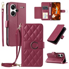 For Xiaomi Redmi Note 13 Pro+ 5G Crossbody Leather Case Ring Buckle Wallet Stand Rhombus Mobile Cover - Red