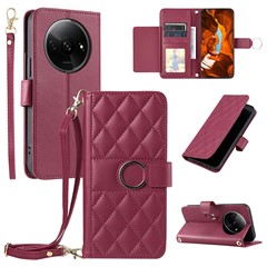 Crossbody Leather Case for Xiaomi Redmi A3x 4G / Redmi A3 4G / Poco C61 4G Wallet Stand Rhombus Mobile Cover - Red