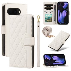 For Google Pixel 9a Wallet Case Rhombus Leather Phone Cover with Shoulder Strap, Wrist Strap - White
