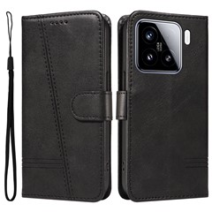 For Xiaomi 15 Case Flip Wallet T-Shape Lines Leather Phone Cover - Black