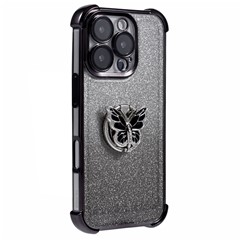 For iPhone 16 Pro Case Butterfly Kickstand Glitter TPU Shockproof Phone Cover - Black