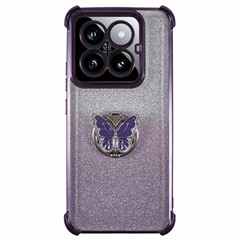 For Xiaomi 14 Pro Case Butterfly Kickstand Glitter TPU Shockproof Phone Cover - Purple