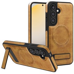 For Samsung Galaxy S24 FE Magnetic Case with Folded Kickstand PC Silicone Leather Phone Back Cover  - Brown
