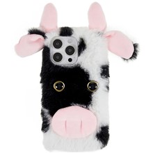For iPhone 14 Pro Cute Milk Cow Ear Winter Furry Soft TPU Case Winter Phone Protective Shell - Black