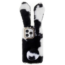 For iPhone 14 Pro Max Anti-fall Soft Handmade Fluffy Furry Bunny TPU Shell Cute Rabbit Protective Case - Black