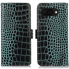For Google Pixel 9a Case Crocodile Texture Genuine Cow Leather Phone Wallet Cover - Green