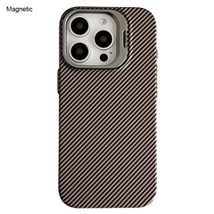 For iPhone 16 Pro Magnetic Case 600D Fine Carbon Fiber Texture Kickstand Phone Back Cover - Brown