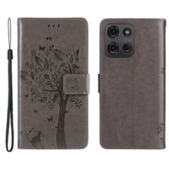 For Motorola Moto G75 5G Phone Case with Stand Cat Tree Pattern Leather Wallet Mobile Cover  - Grey