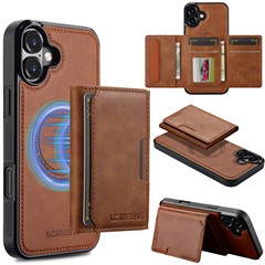 LC.IMEEKE L5 For iPhone 16 Magnetic Phone Case Leather Back Cover with Detachable Card Holder - Brown