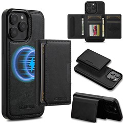 LC.IMEEKE L5 For iPhone 14 Pro Magnetic Phone Case Leather Back Cover with Detachable Card Holder - Black