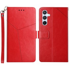 For Samsung Galaxy A26 5G Case with Wrist Strap Y Shaped Lines Imprint Leather Phone Cover - Red