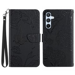 For Samsung Galaxy A26 5G Case Leather Phone Cover with Strap, Butterfly Flower Imprint - Black