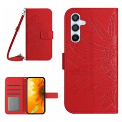 HT04 For Samsung Galaxy A26 5G Case Sunflower Imprint PU Leather Phone Cover with Long Strap - Red