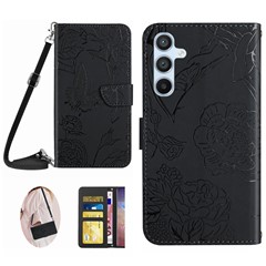 For Samsung Galaxy A56 5G / M56 5G Case Anti-Drop Leather Phone Cover Butterfly Flower Imprint - Black