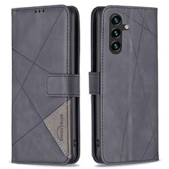 BINFEN COLOR For Samsung Galaxy A26 5G Phone Cases Wallet Stand Geometry Imprint Leather Cover - Black