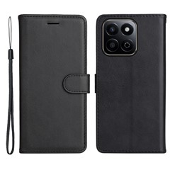 For Honor Play 60 Plus 5G / Play 9T / X7c 4G / 200 Smart 5G Case Solid Color Leather Mobile Cover Wallet Stand with Strap - Black