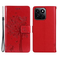 For Honor Play 60 Plus 5G / Play 9T / X7c 4G / 200 Smart 5G Phone Case with Stand Cat Tree Pattern Leather Wallet Mobile Cover  - Red