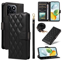 For Honor Play 60 Plus 5G / Play 9T / X7c 4G / 200 Smart 5G Wallet Case Rhombus Leather Phone Cover - Black