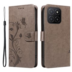 For Honor X5b / X5b Plus PU Leather Cases Flower Pattern Wallet Stand Phone Cover with Strap - Grey