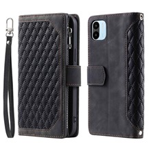 Shockproof Phone Case For Xiaomi Redmi A1 4G, 005 Style Magnetic Handbag Rhombus Imprinted Zipper Pocket Flip Leather Wallet Stand Cover with Wrist Strap - Black