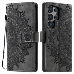 Style 018 For Samsung Galaxy S25 Ultra Case Imprinted Totem Skin Feel Wallet Leather Phone Cover - Grey