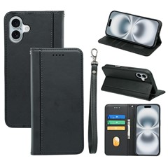 HX01 For iPhone 16 Wallet Case Magnetic Closing PU Leather Phone Cover - Black