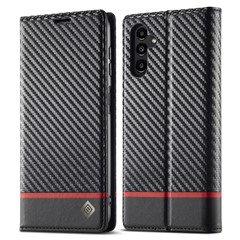 LC.IMEEKE For Samsung Galaxy S25 Case Carbon Fiber Texture Phone Cover Stand Card Holder - Horizontal Stripe