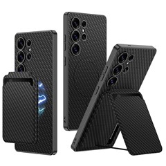 GKK For Samsung Galaxy S25 Ultra Magnetic Case Hybrid Phone Back Cover with Card Holder - Carbon Fiber Texture