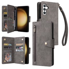 For Samsung Galaxy S25 / S24 Case Zipper Wallet Leather Stand Phone Cover Rivet Decor - Grey