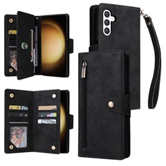 For Samsung Galaxy S25+ / S24+ Case Zipper Wallet Leather Stand Phone Cover Rivet Decor - Black