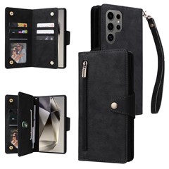 For Samsung Galaxy S25 Ultra Case Zipper Wallet Leather Stand Phone Cover Rivet Decor - Black